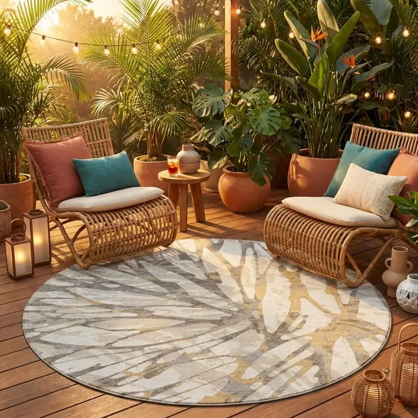 8' Ivory And Pewter Round Abstract Washable Indoor Outdoor Area Rug Photo 1