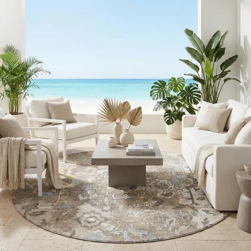 8' Ivory And Pewter Round Floral Washable Indoor Outdoor Area Rug Photo 1