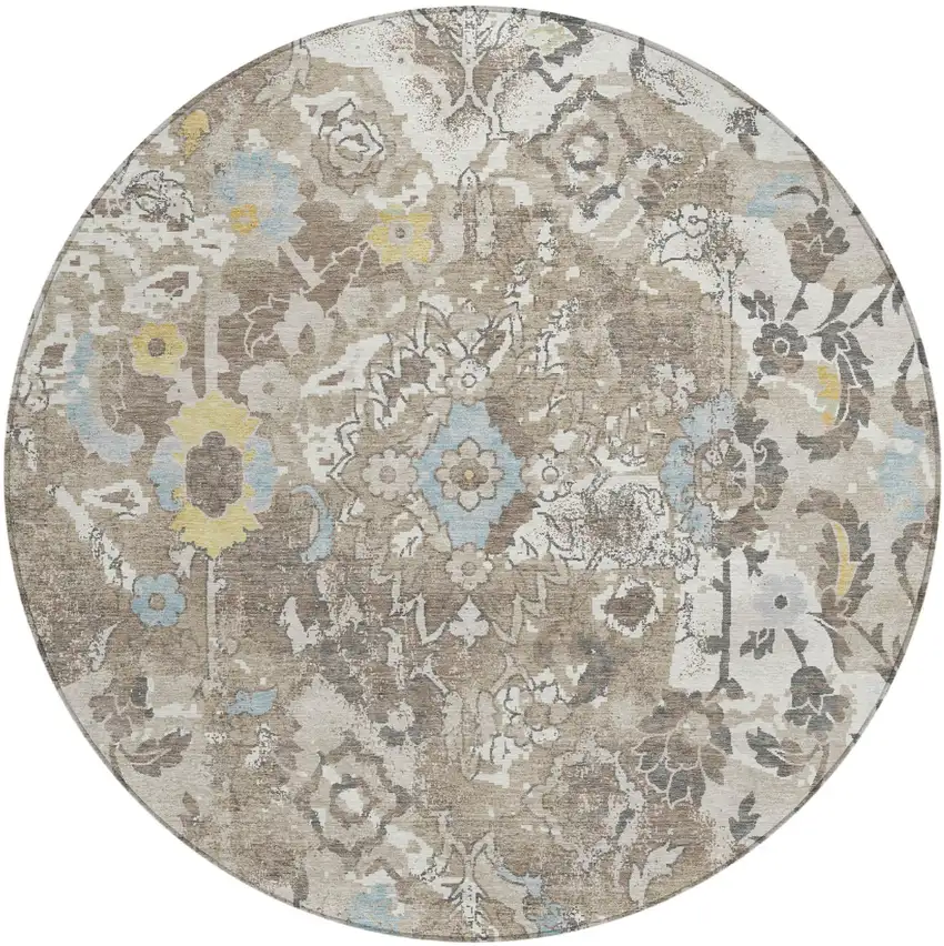8' Ivory And Pewter Round Floral Washable Indoor Outdoor Area Rug Photo 2
