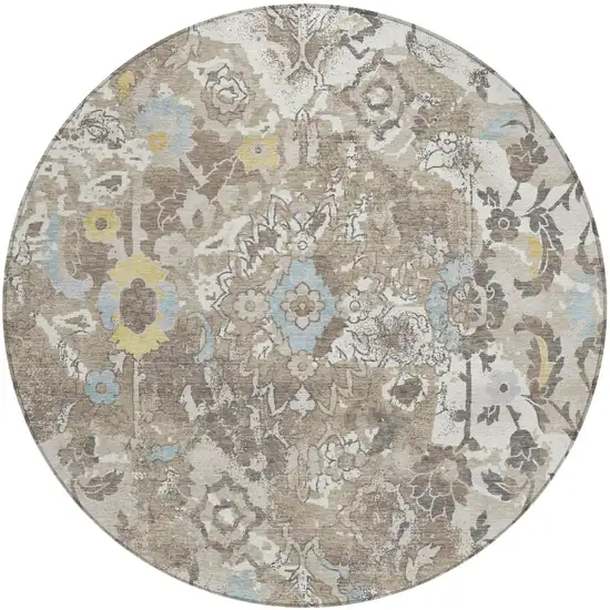 8' Ivory And Pewter Round Floral Washable Indoor Outdoor Area Rug Photo 2