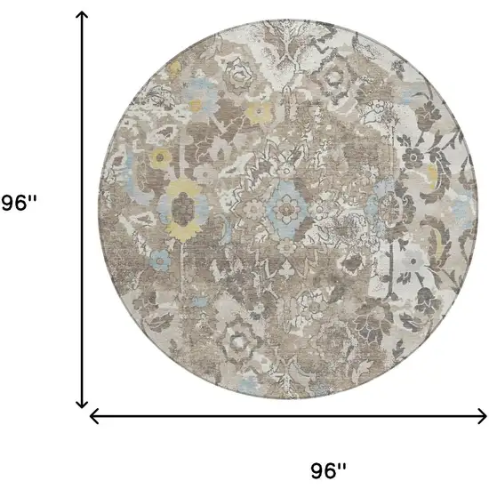 8' Ivory And Pewter Round Floral Washable Indoor Outdoor Area Rug Photo 5