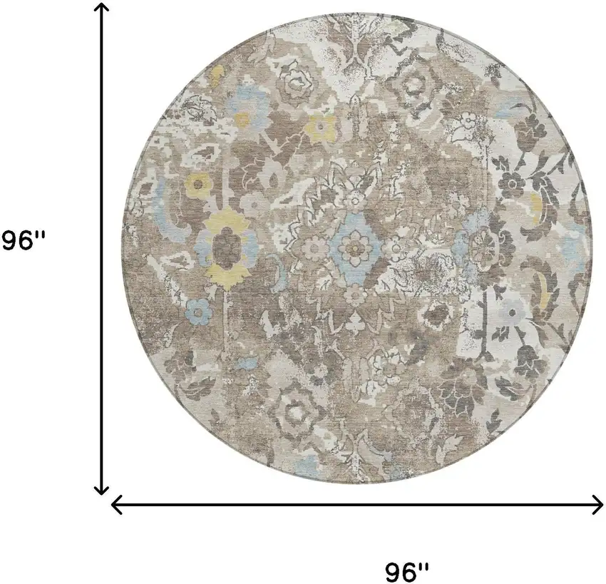 8' Ivory And Pewter Round Floral Washable Indoor Outdoor Area Rug Photo 5