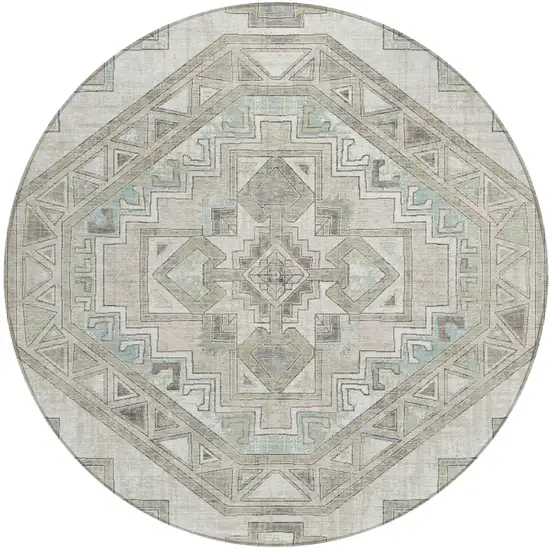 8' Ivory And Pewter Round Southwestern Washable Indoor Outdoor Area Rug Photo 2