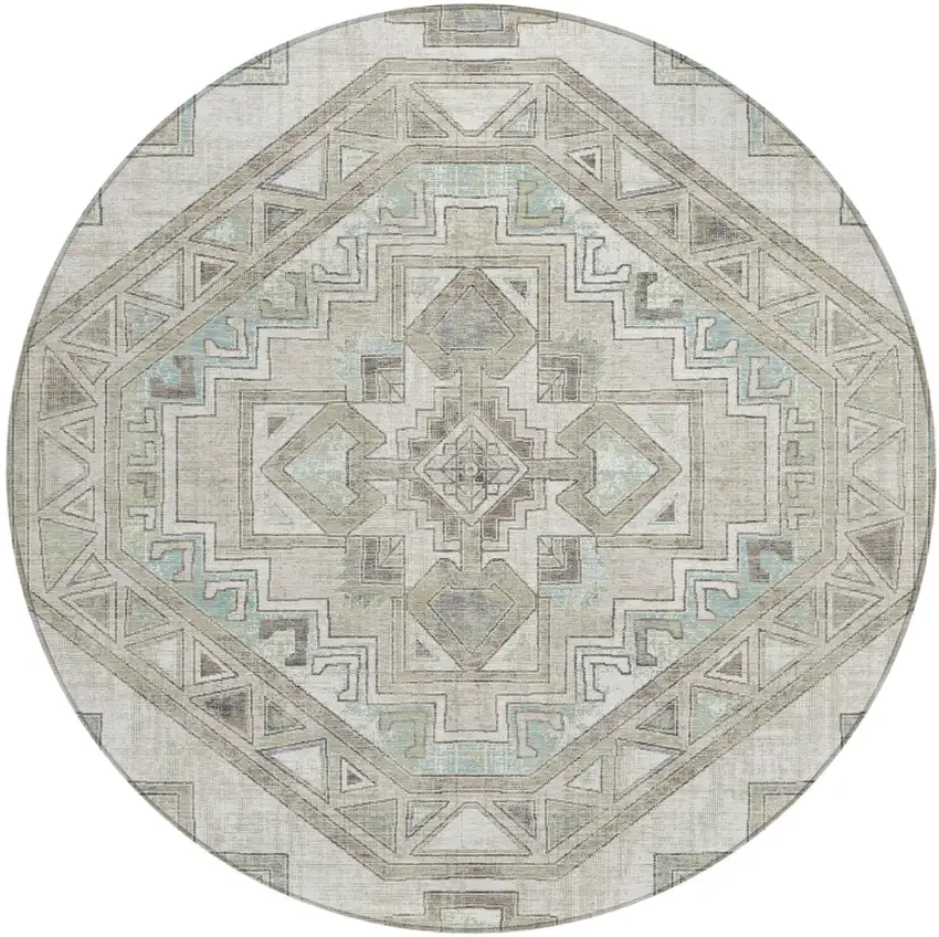 8' Ivory And Pewter Round Southwestern Washable Indoor Outdoor Area Rug Photo 2