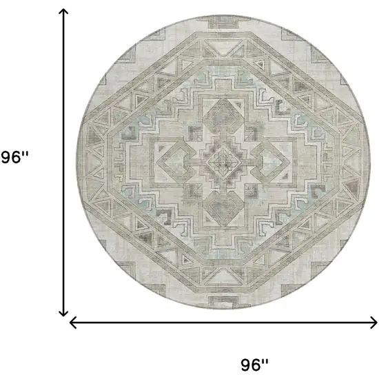 8' Ivory And Pewter Round Southwestern Washable Indoor Outdoor Area Rug Photo 5