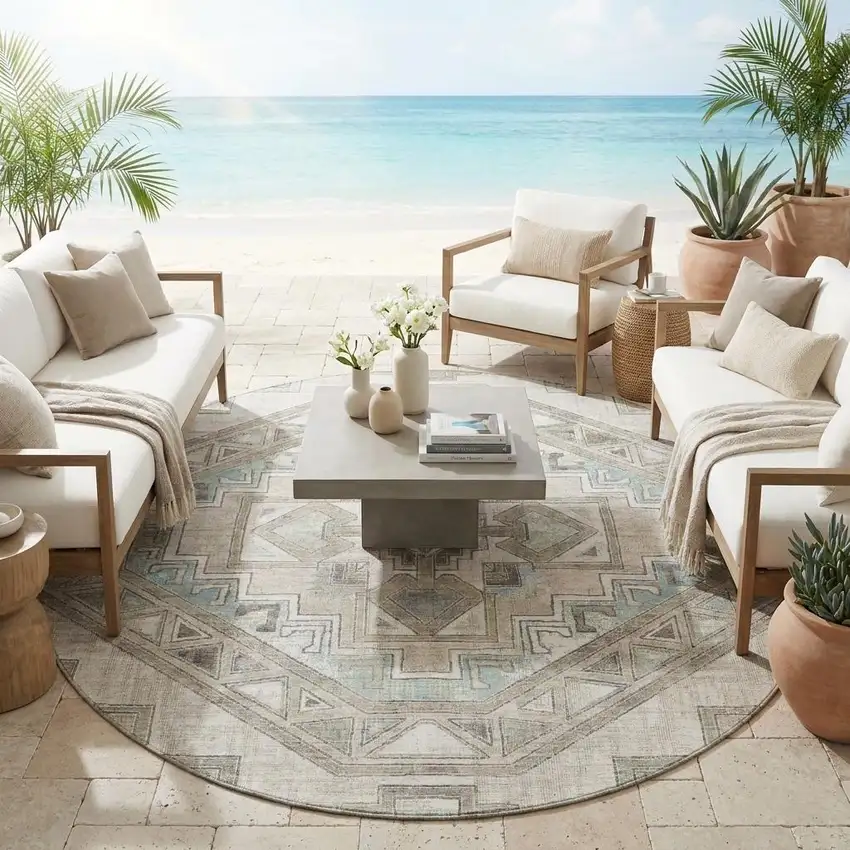 8' Ivory And Pewter Round Southwestern Washable Indoor Outdoor Area Rug Photo 1