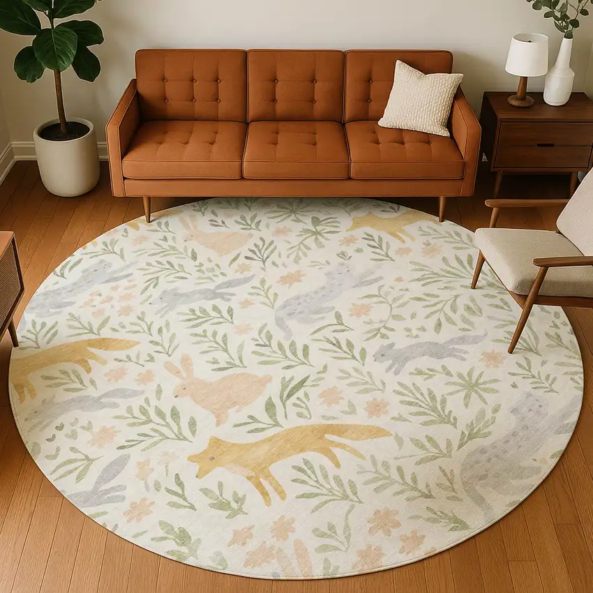 8' Ivory And Pink Round Botanical Leaves Washable Indoor Outdoor Area Rug Photo 5