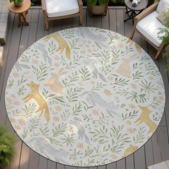 8' Ivory And Pink Round Botanical Leaves Washable Indoor Outdoor Area Rug Photo 4