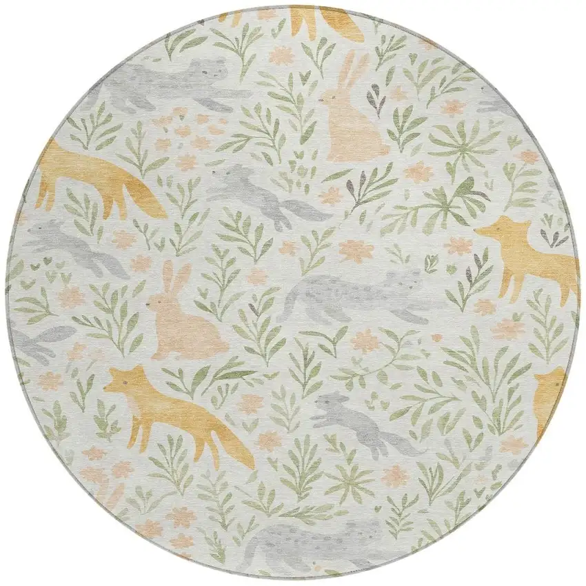8' Ivory And Pink Round Botanical Leaves Washable Indoor Outdoor Area Rug Photo 3