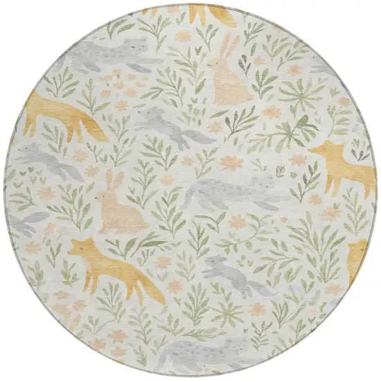 8' Ivory And Pink Round Botanical Leaves Washable Indoor Outdoor Area Rug Photo 3
