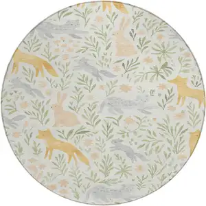 Photo of 8' Ivory And Pink Round Botanical Leaves Washable Indoor Outdoor Area Rug