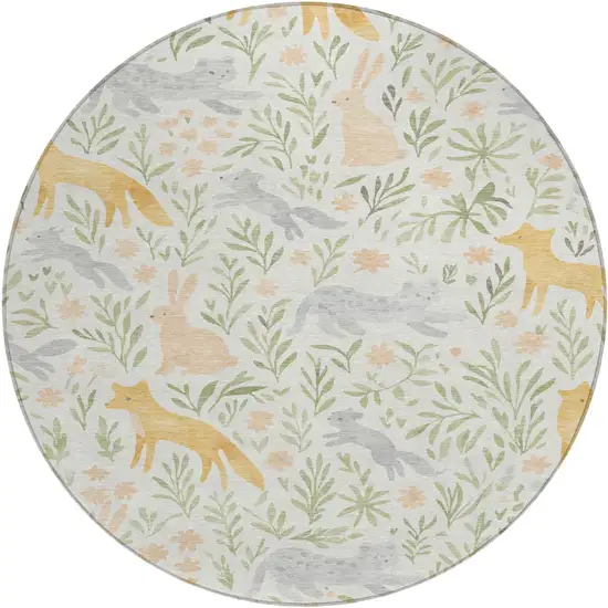 8' Ivory And Pink Round Botanical Leaves Washable Indoor Outdoor Area Rug Photo 1