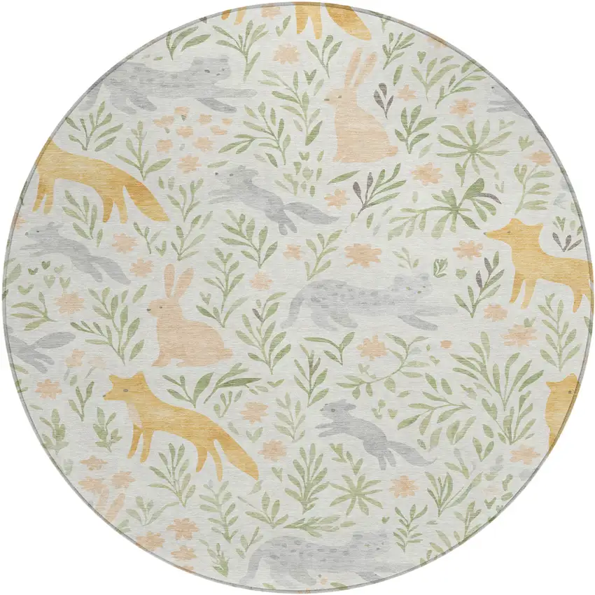 8' Ivory And Pink Round Botanical Leaves Washable Indoor Outdoor Area Rug Photo 1