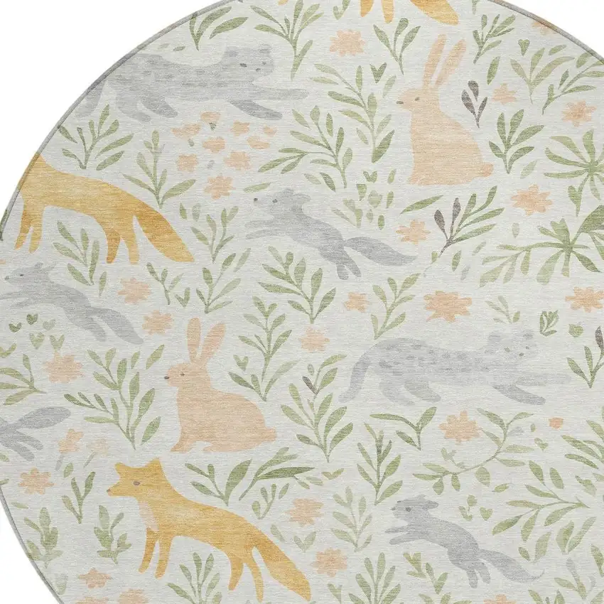 8' Ivory And Pink Round Botanical Leaves Washable Indoor Outdoor Area Rug Photo 2