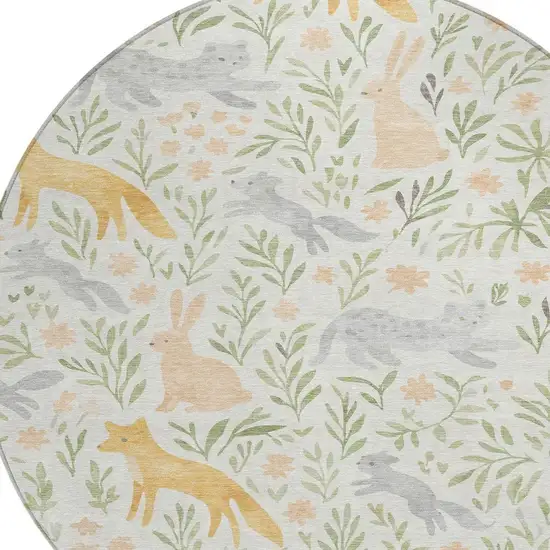 8' Ivory And Pink Round Botanical Leaves Washable Indoor Outdoor Area Rug Photo 2