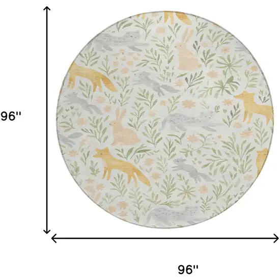 8' Ivory And Pink Round Botanical Leaves Washable Indoor Outdoor Area Rug Photo 8
