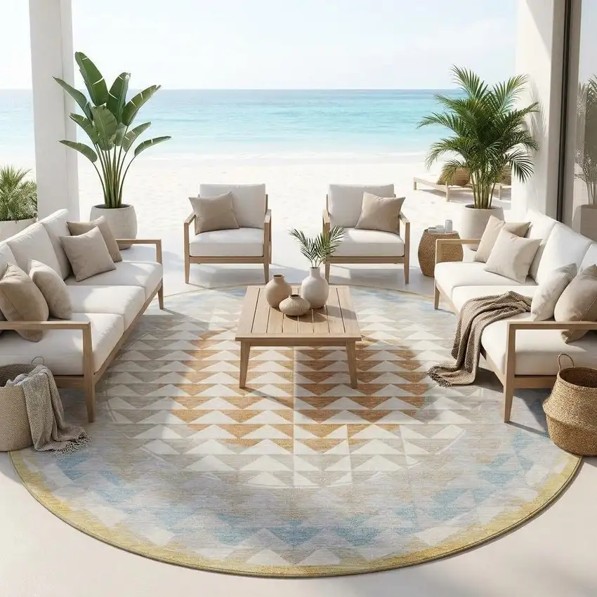 8' Ivory And Plum Round Geometric Washable Indoor Outdoor Area Rug Photo 1