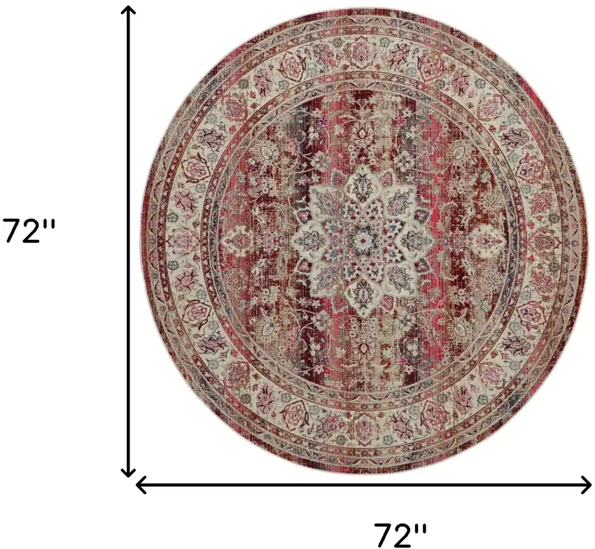 6' Ivory And Red Floral Distressed Round Rug Photo 3