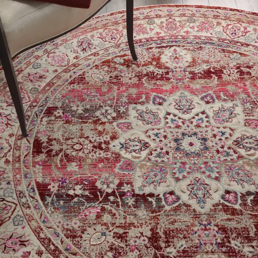 4' Ivory And Red Floral Distressed Round Rug Photo 9