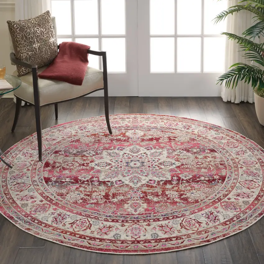4' Ivory And Red Floral Distressed Round Rug Photo 6