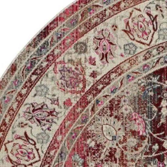 4' Ivory And Red Floral Distressed Round Rug Photo 8