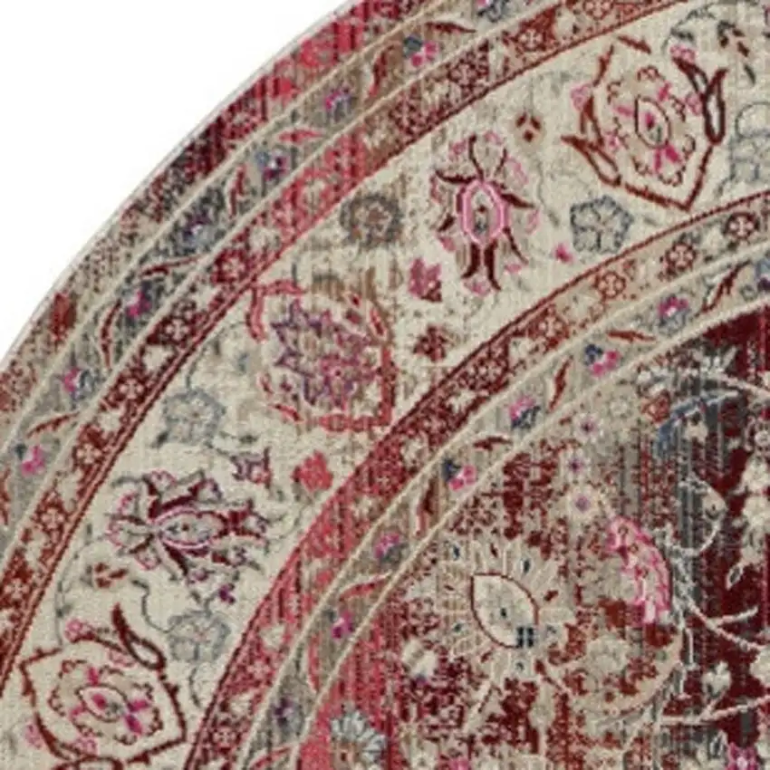 4' Ivory And Red Floral Distressed Round Rug Photo 8