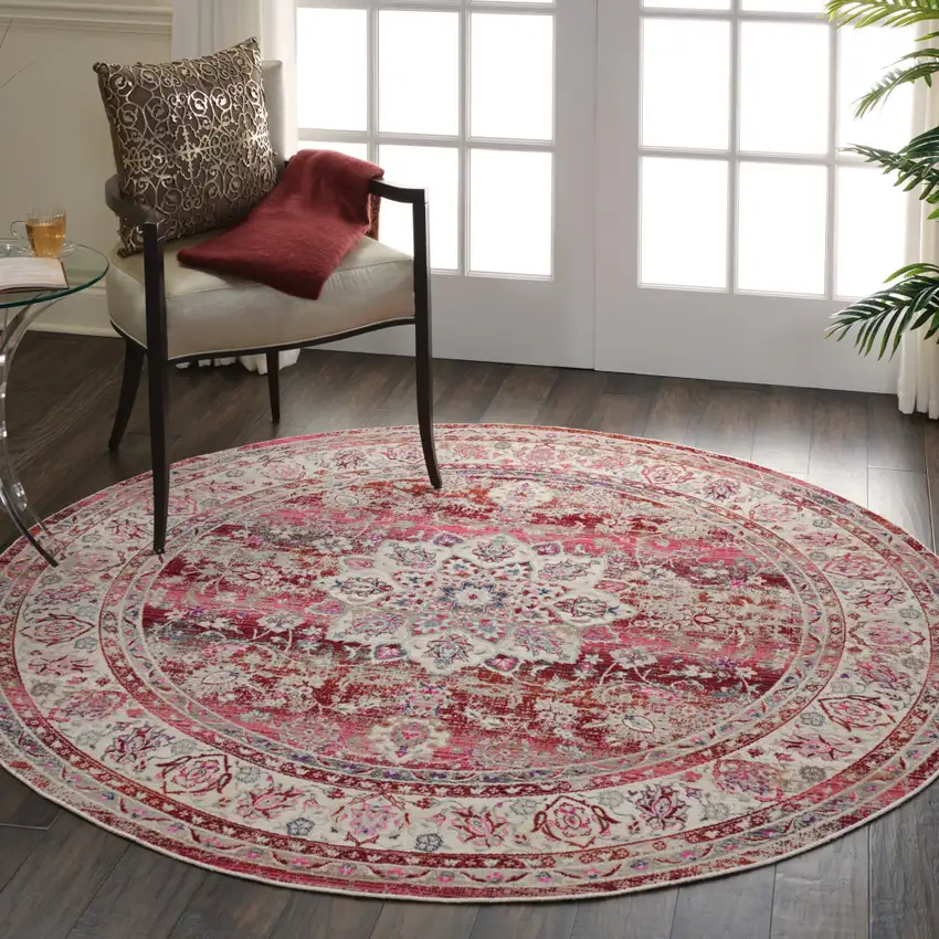 4' Ivory And Red Floral Distressed Round Rug Photo 7