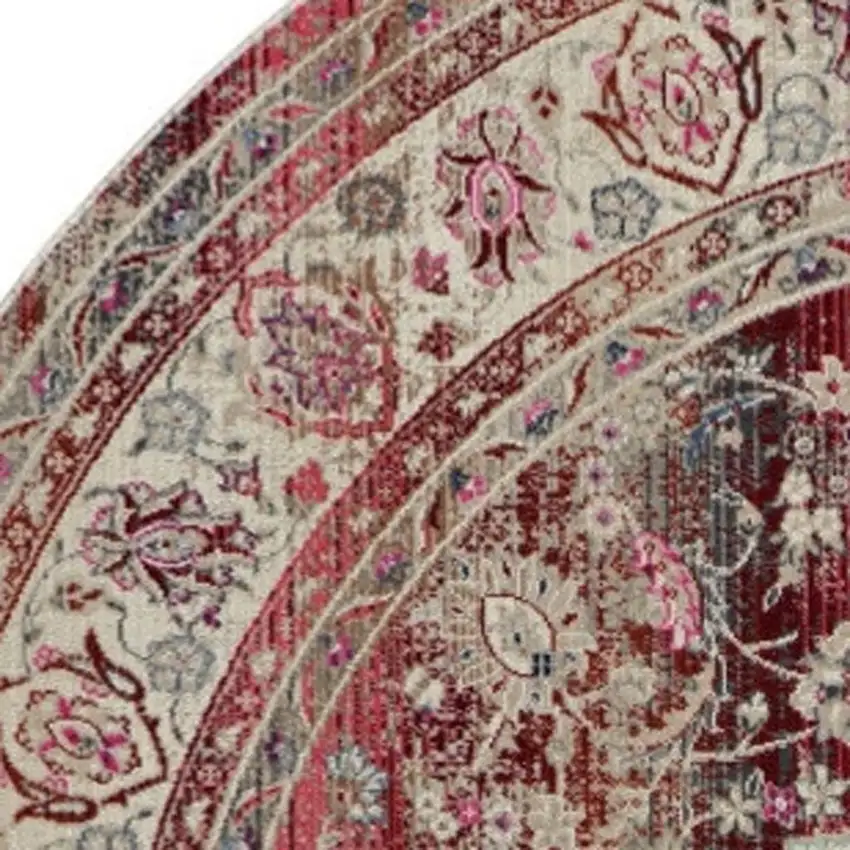 4' Ivory And Red Floral Distressed Round Rug Photo 3