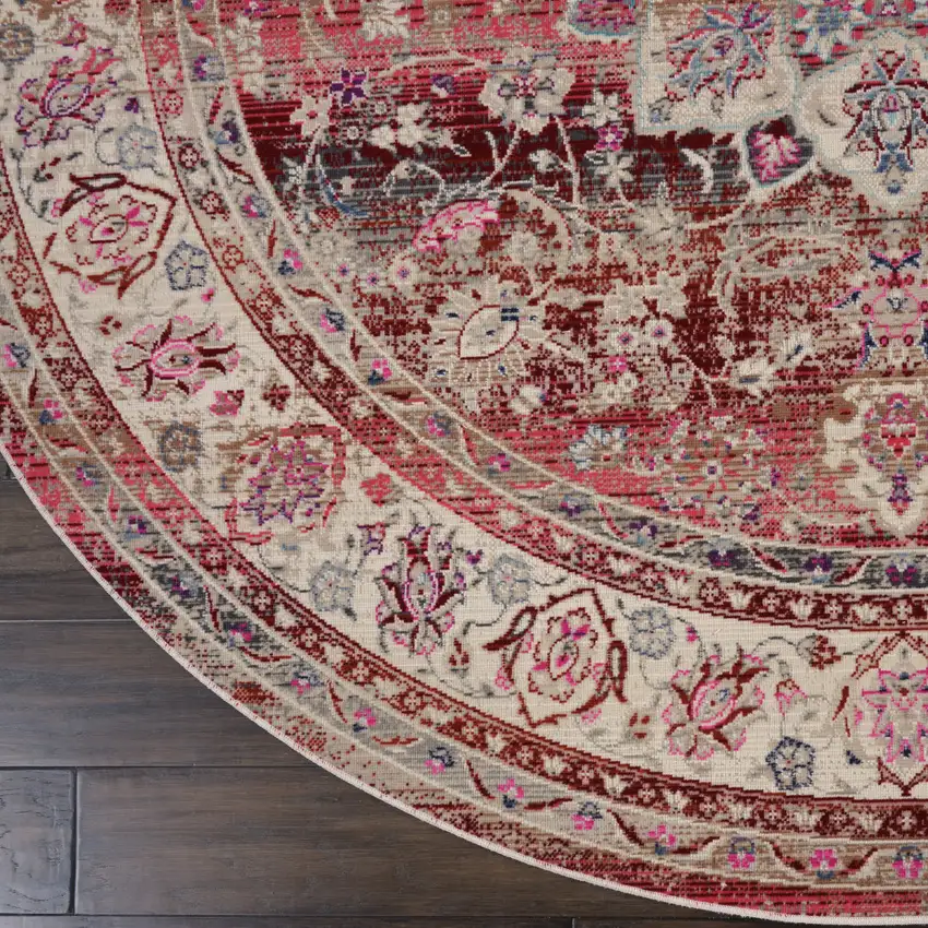 4' Ivory And Red Floral Distressed Round Rug Photo 4
