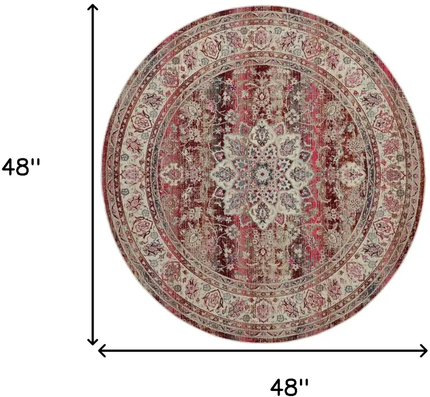 4' Ivory And Red Floral Distressed Round Rug Photo 3