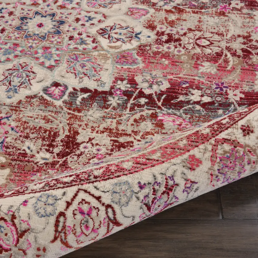 4' Ivory And Red Floral Distressed Round Rug Photo 9