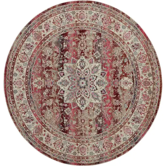 4' Ivory And Red Floral Distressed Round Rug Photo 4