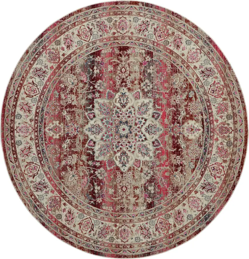 4' Ivory And Red Floral Distressed Round Rug Photo 4