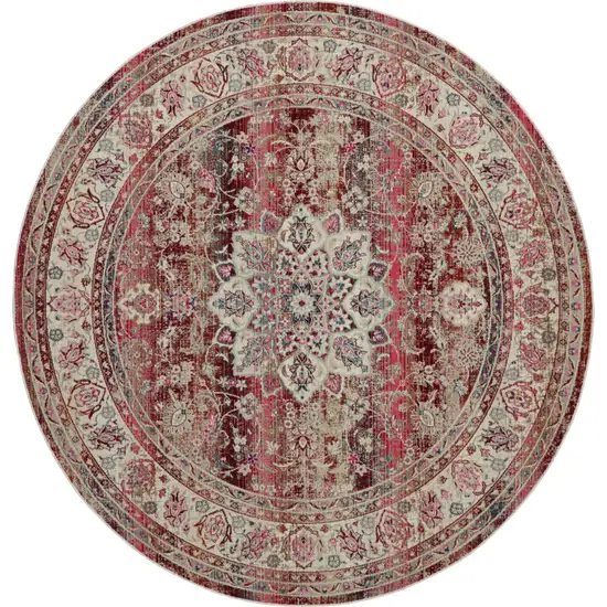 4' Ivory And Red Floral Distressed Round Rug Photo 2