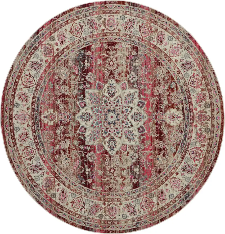 4' Ivory And Red Floral Distressed Round Rug Photo 2