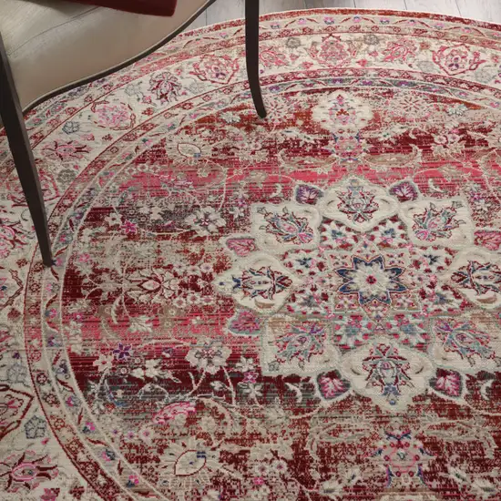4' Ivory And Red Floral Distressed Round Rug Photo 5