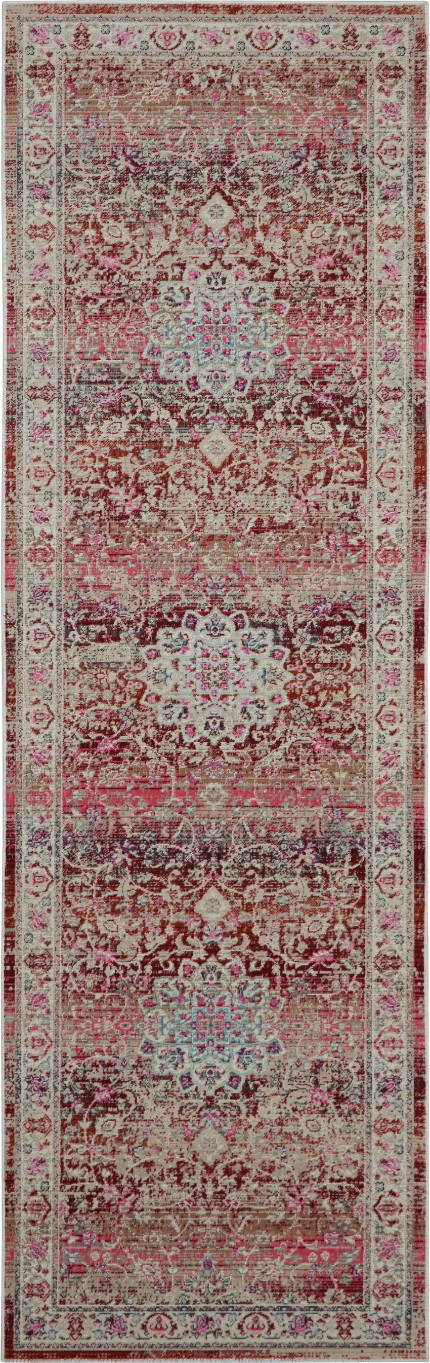 8' Ivory And Red Floral Distressed Runner Rug Photo 2