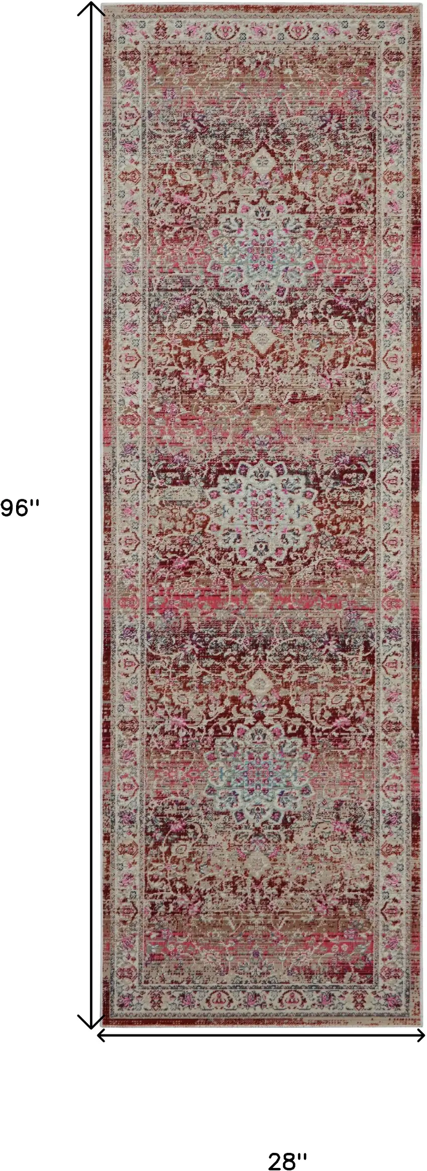 8' Ivory And Red Floral Distressed Runner Rug Photo 3