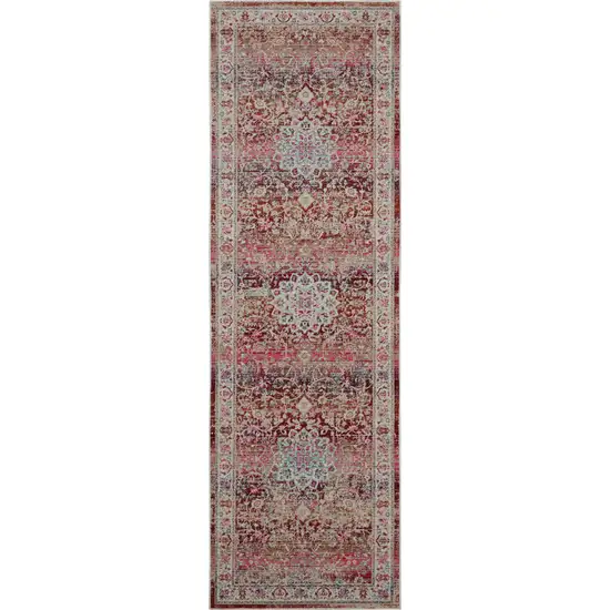 8' Ivory And Red Floral Distressed Runner Rug Photo 1