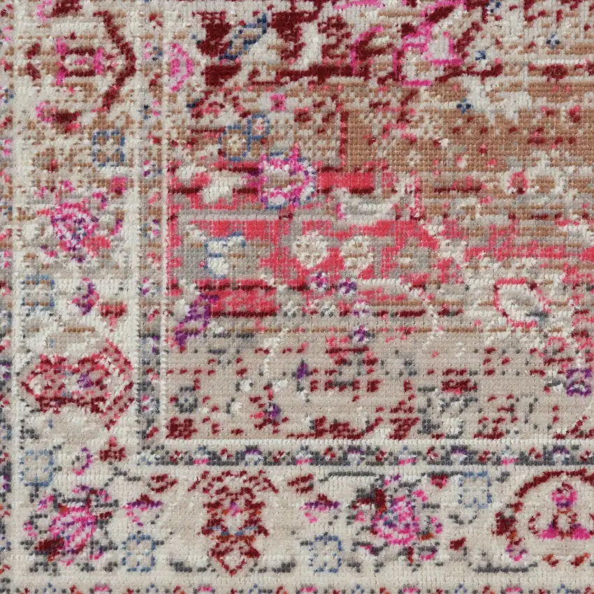 8' Ivory And Red Floral Distressed Runner Rug Photo 8
