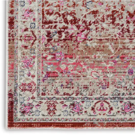 8' Ivory And Red Floral Distressed Runner Rug Photo 5