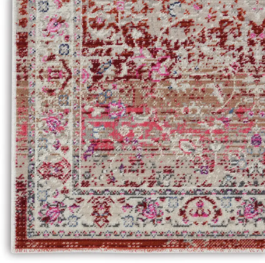 8' Ivory And Red Floral Distressed Runner Rug Photo 5