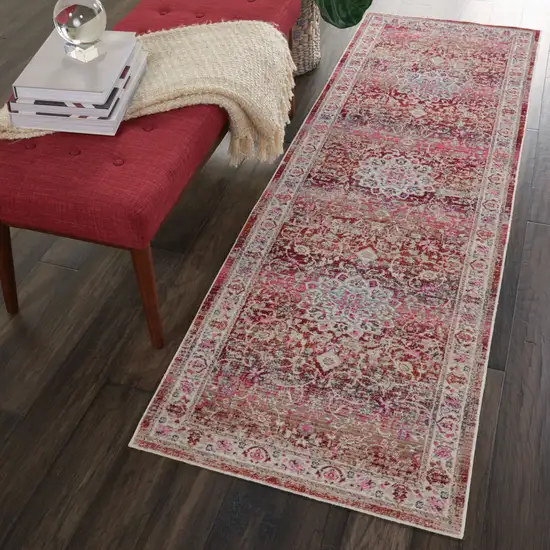 6' Ivory And Red Floral Distressed Runner Rug Photo 6