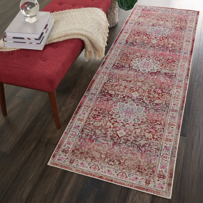 6' Ivory And Red Floral Distressed Runner Rug Photo 6