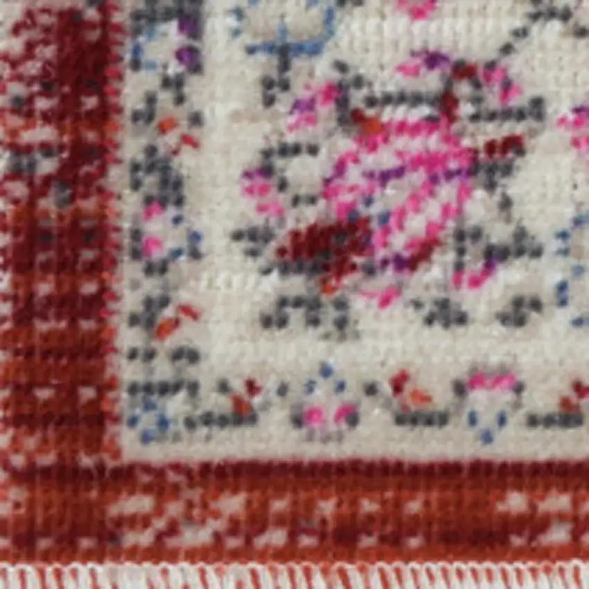 6' Ivory And Red Floral Distressed Runner Rug Photo 5