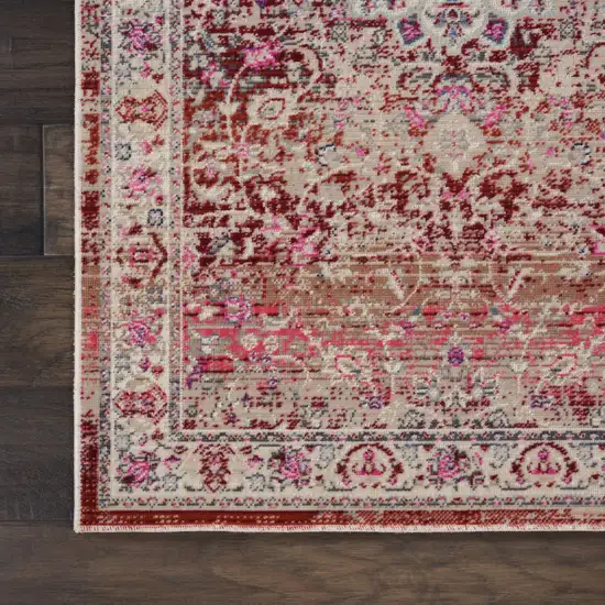 6' Ivory And Red Floral Distressed Runner Rug Photo 9