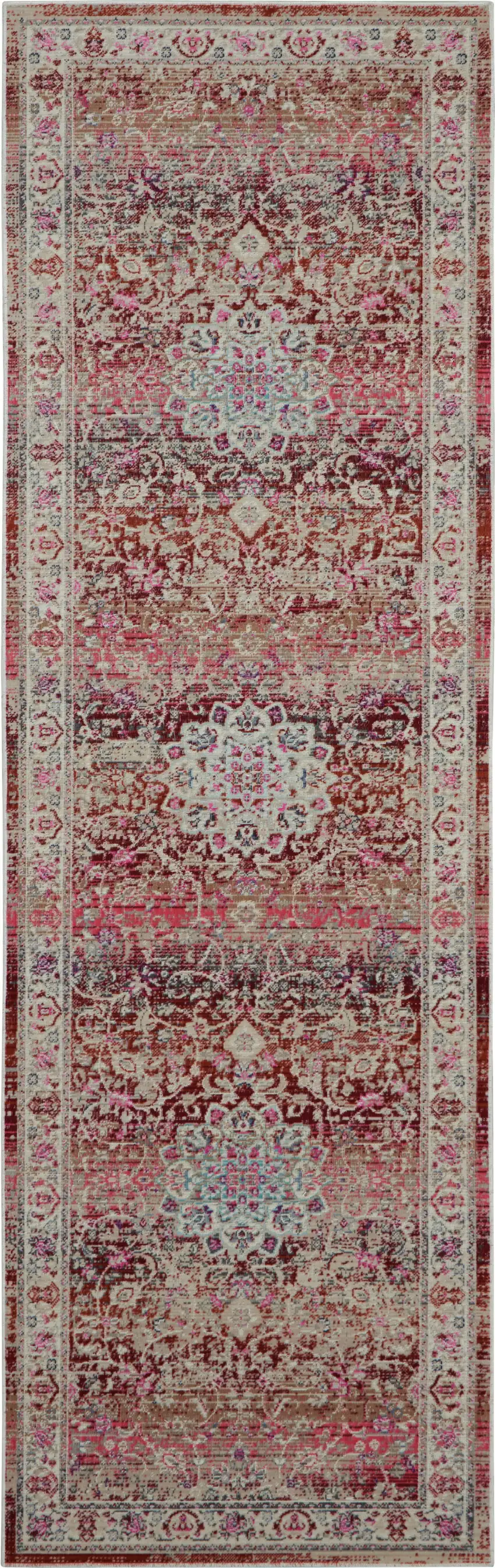 6' Ivory And Red Floral Distressed Runner Rug Photo 1