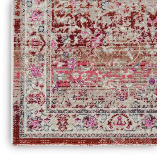 6' Ivory And Red Floral Distressed Runner Rug Photo 4
