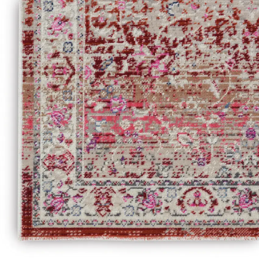 6' Ivory And Red Floral Distressed Runner Rug Photo 4