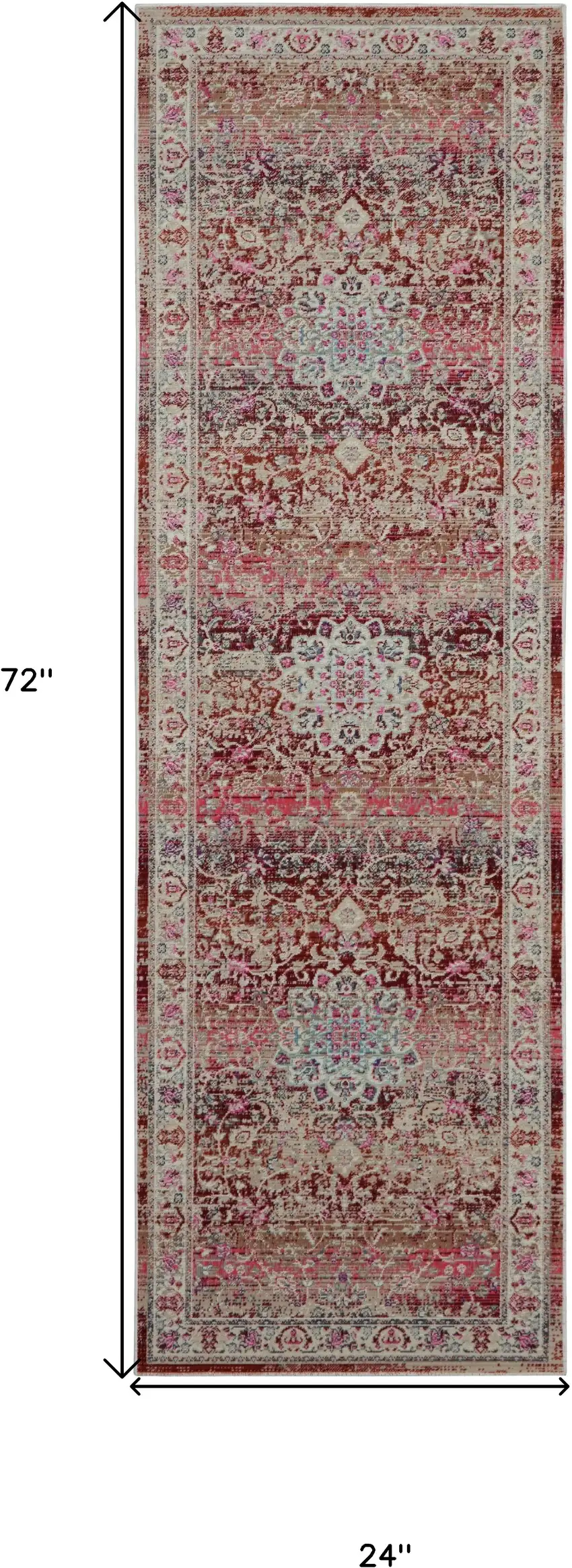 6' Ivory And Red Floral Distressed Runner Rug Photo 3